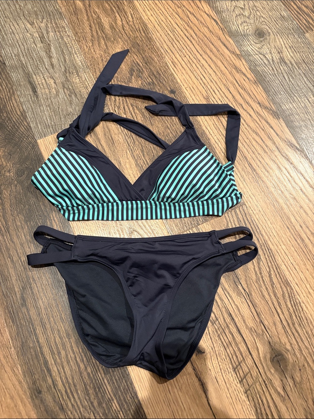 Striped Teal & Black Women's Bikini Set
